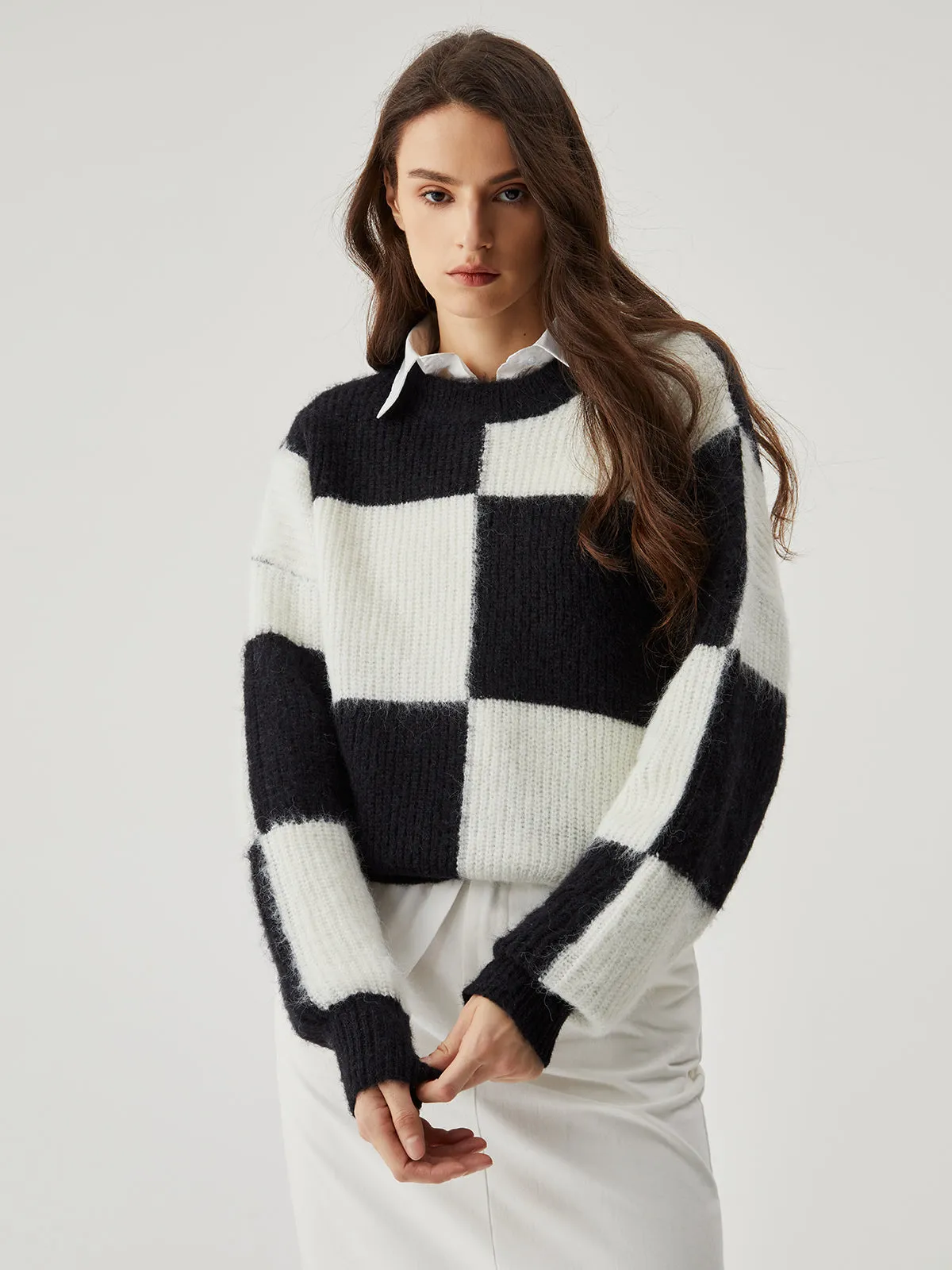 Wenkouban-Christmas Thanksgiving outfits_Check Colorblock Crew Trendy Neck Knit Sweater