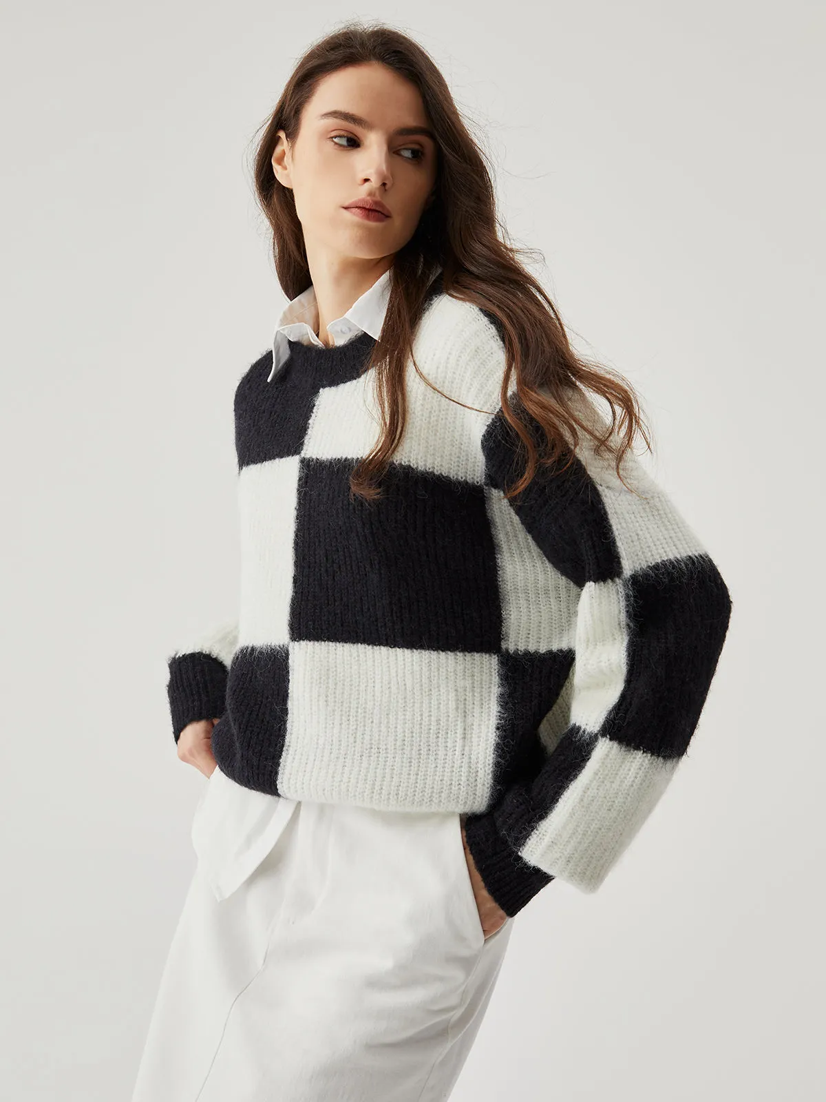 Wenkouban-Christmas Thanksgiving outfits_Check Colorblock Crew Trendy Neck Knit Sweater