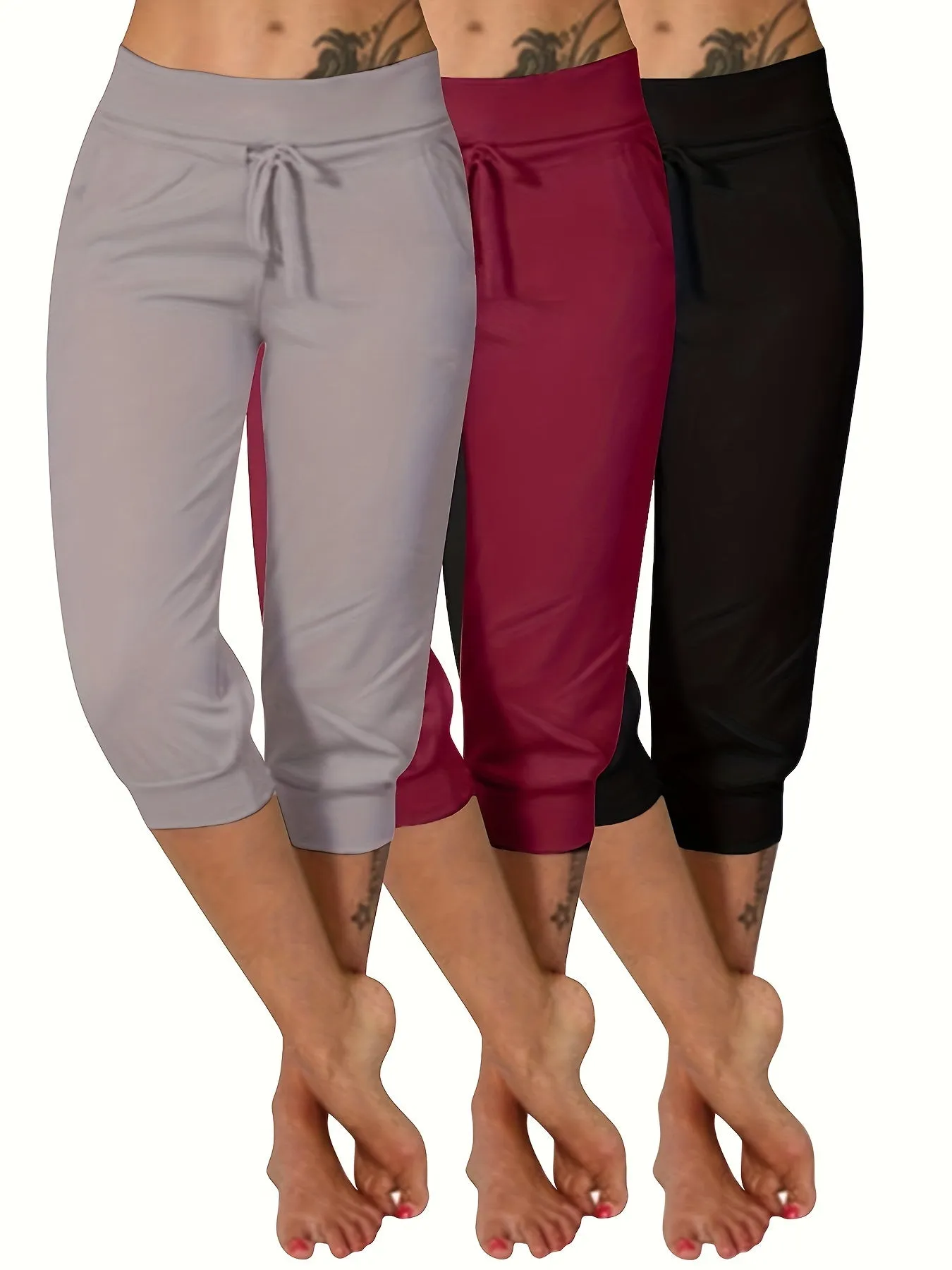 Women's Plus Size 3 Piece Set: Sexy Solid Color Sports Yoga Capri Pants with Drawstring.